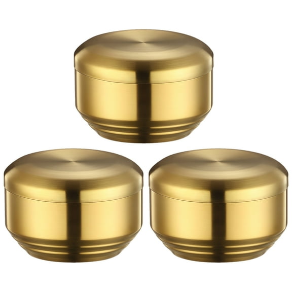 3 Pcs Stainless Steel Rice Bowl Set with Lids, 304 Stainless Steel Bowls, Korean Style Double-Layer Insulated Design, Gold, for Kitchen and Dining