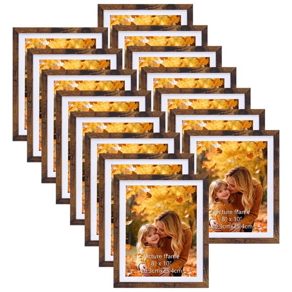 8x10 Wooden Picture Frames Set of 15, Display 8 by 10 Photos with Mat or 9x11 Photos without Mat, Multi Matted Frames Bulk for Wall, Table Top, Brown