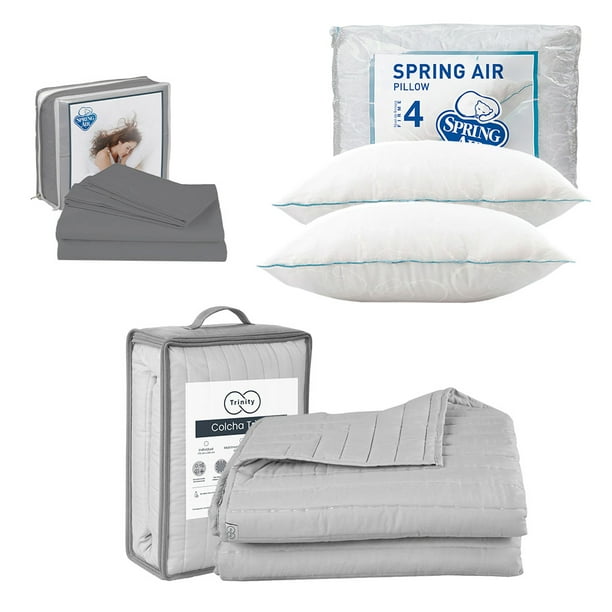Colcha Queen Size Acabado Ultrasónico Trinity Gris Perla + Juego de Sábanas Gris + 2 Almohadas Osos