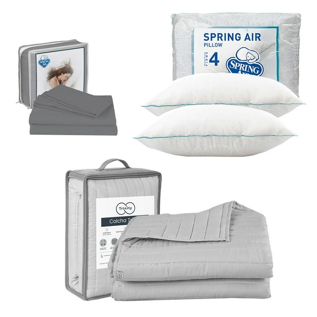 Colcha Queen Size Acabado Ultrasónico Trinity Gris Perla + Juego de Sábanas Gris + 2 Almohadas Osos