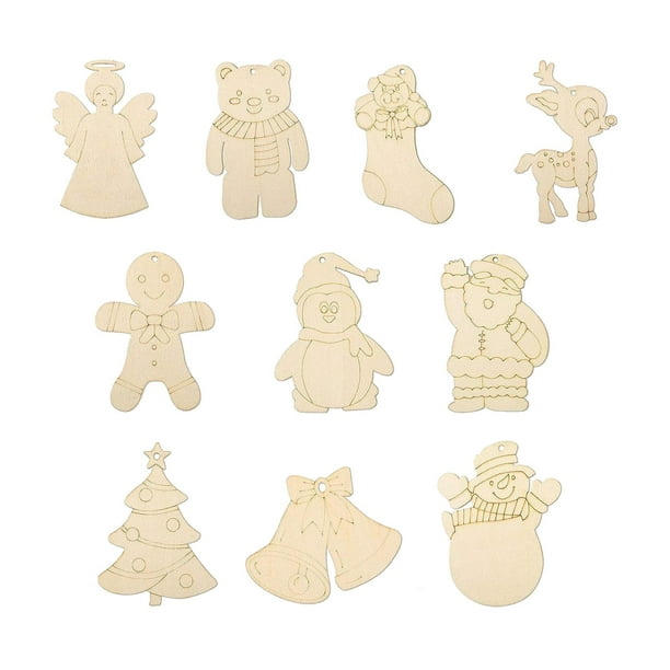 Colgantes de madera para Navidad, colgantes de madera para árbol de Navidad hechos a mano 10 piezas
