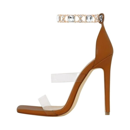 

iOPQO Women s casual shoes Women s Fashion Casual Square Toe Rhinestone Clear High Heels Shoes Sandals women s sandals ladies square Brown 40