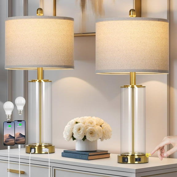 Cinkeda Industrial Gold Table Lamps Set of 2 for Living Room Bedroom 26" Tall Modern Clear Glass 3 Way Dimmable Touch Control Bedside Nightstand Lamp with USB C A Ports AC Outlet