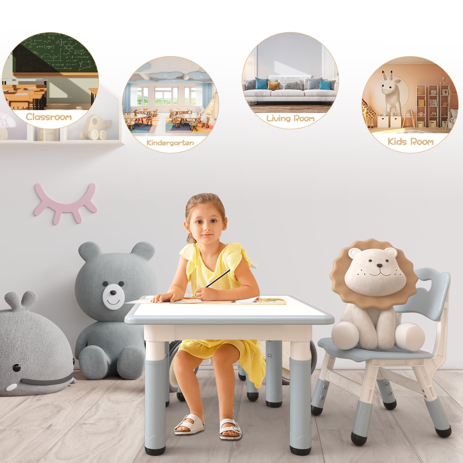 TROPOW Toddler Table and 2 Chairs Set with Graffiti Desktop,Height Adjustable Kids Table and Chairs Set,Non-Slip Legs,Kids Activity Table for Home,Nursery,for Age 2-10,Christmas Gifts for Kids