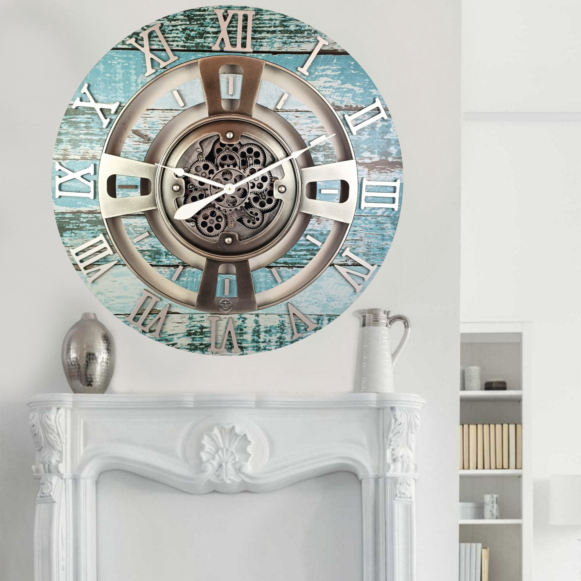 THE GEARS CLOCK Wall Clock with Real Moving Gears EN-LI_ 24 in Round Aqua-Green