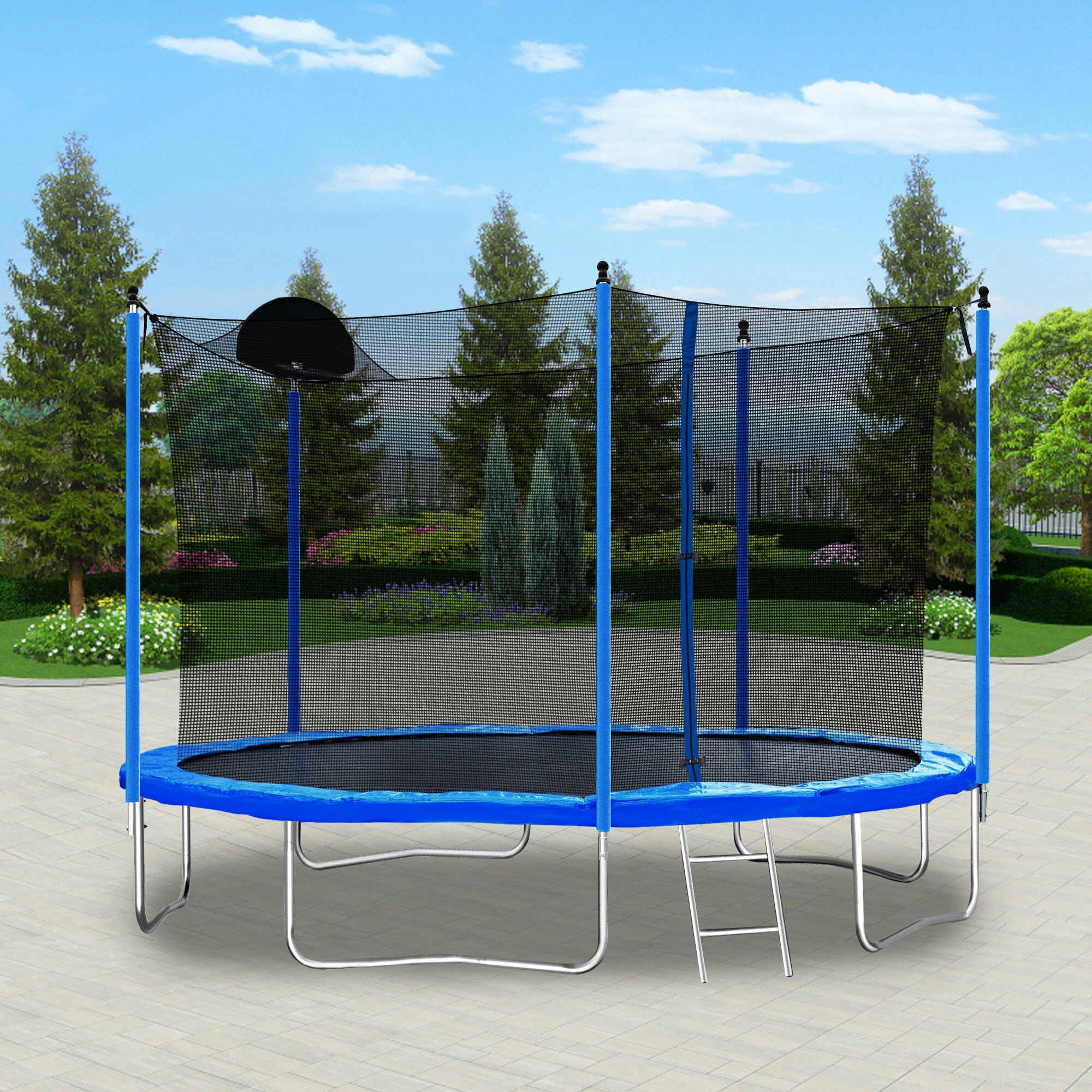 Mini Trampoline, 12FT Trampoline for Adults & Kids with Basketball Hoop, Outdoor Trampolines w/Ladder and Safety Enclosure Net for Kids and adults, Blue Trampoline For Kids,Metal Fitness Trampoline