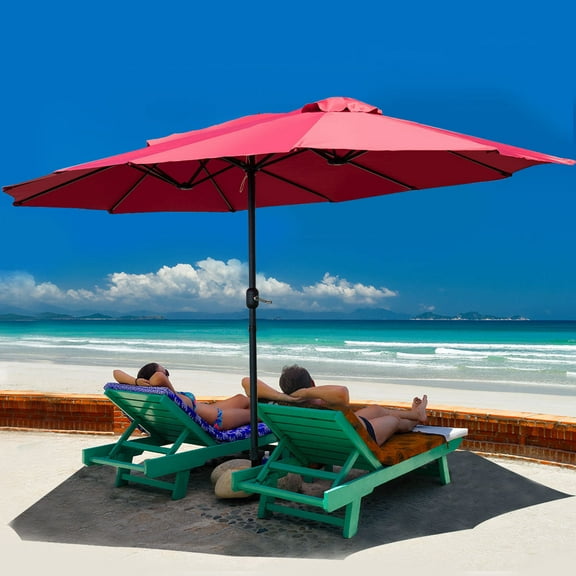 Costway 15' Market Outdoor Umbrella Double-Sided Twin Patio Umbrella with Crank Wine