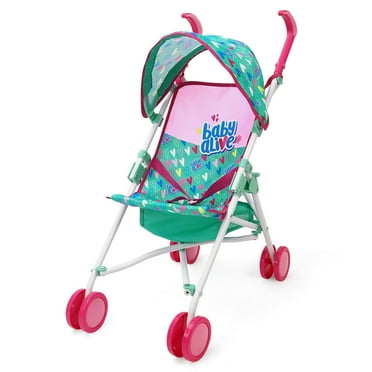 Baby Alive: Doll Umbrella Stroller - Green, Pink, Hearts - Accessory For Dolls Up To 24", Foldable Design, Retractable Canopy, Kids Toy, Ages 3 