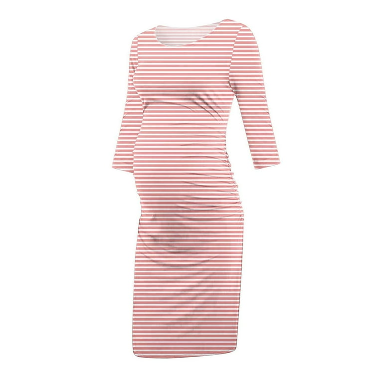 pink and white striped maternity dress Jinhomg Trendy Pregnancy Dress for Women Short Sleeve Striped Print Midi Dresses Lightweight Casual Maternity Dresses for Baby Shower Pink M