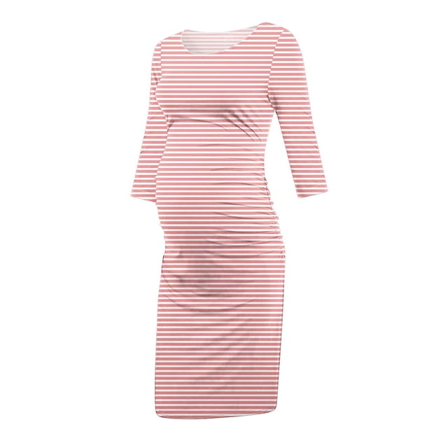 FAIWAD Robe de Maternité à Rayures pour Femmes à Manches Longues, Décontractée, Col Ras du Cou, Tenue Quotidienne, Vêtements de Grossesse