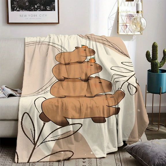1pc Ultra-Soft Cartoon Capybara Print Flannel Throw Blanket - Cozy All-Season Lightweight Cover for Bed, Sofa & Bedroom Decor - Perfect Gift for Adults, Couples & Home Decoration, Cute