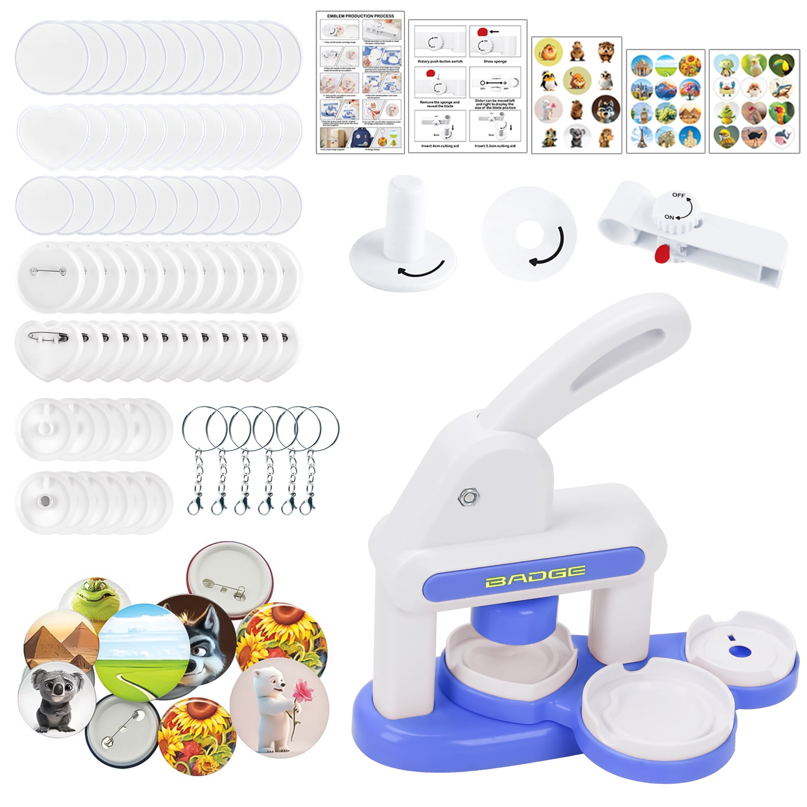 Dongyi Button Maker Machine(55mm&35mm)w/Metal Press Machine,36 Pre-Cut Paper Circles+Cutter-Create Your Own Badges-DIY Craft Kit,Blue