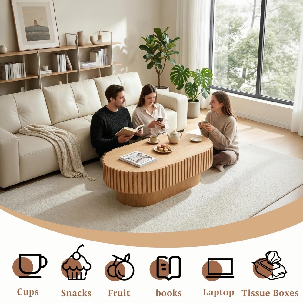 Oval Coffee Table, Mid Century Modern Fluted Coffee Table with Pedestal, Natural Wood Center Table for Living Room, Apartment, Office, Small Space