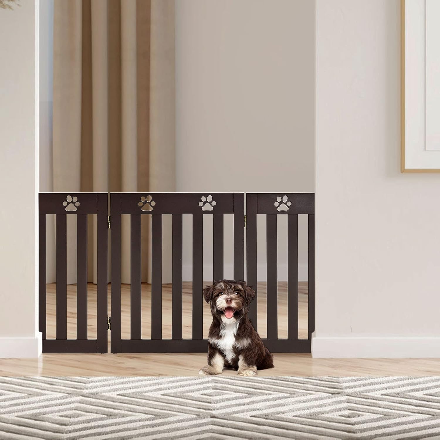 Freestanding Dog Gate, 3 Panel 60 in Wide 24 in Tall Pet Gates for Dogs, Dog Fences Indoor for House, Stairs, Doorways, Brown
