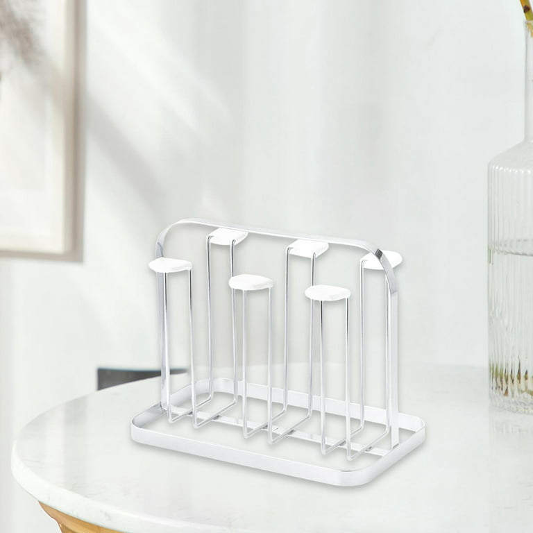 Cup Drying Rack Stand with Drain Tray, Metal Bottle Drying Organizer with  Wood Handle for 6 Cups or Mugs,White,F111524