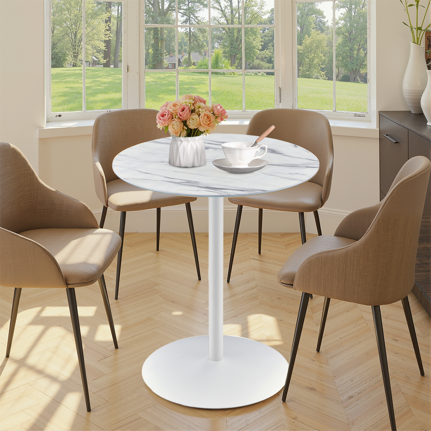MAYEERTY 17.5" Small Round Side Tulip Table, Marble Textured Glass Top & Steel Foundation, Seats 2, White