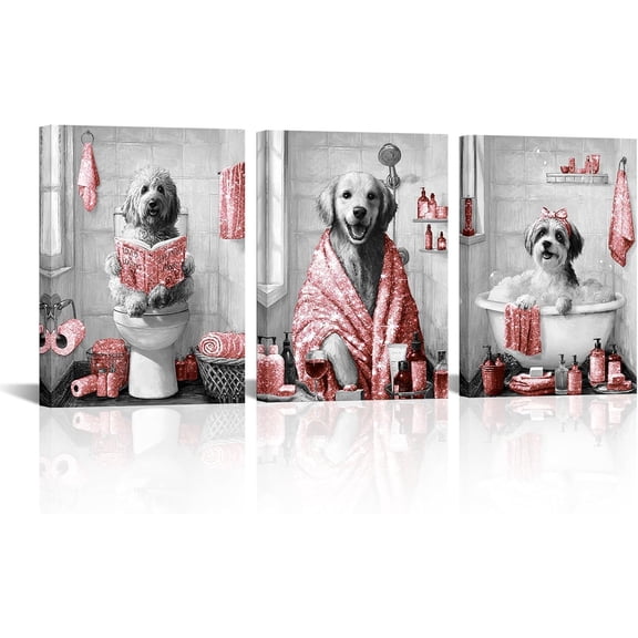 Hieng Funny Dogs Bathroom Wall Art Grey and Blue Bath Decor Cute Animal Painting Canvas Print