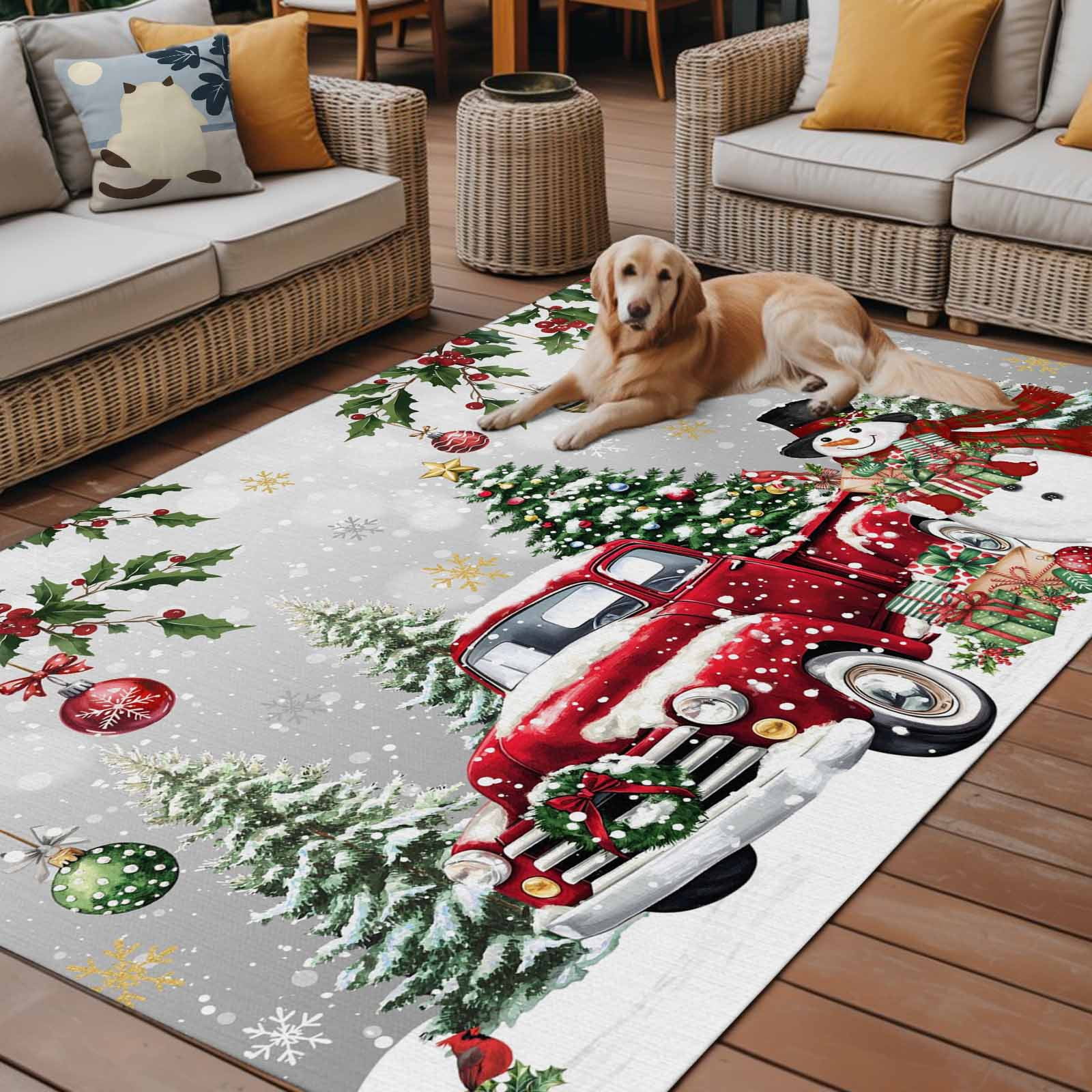 Fsddascl Grey Christmas Outdoor Rug for Patio/Deck/Porch, Non-Slip Large Area Rug 4 x 6 Ft, Xmas Snowman Truck Snowflake Tree Balls Indoor Outdoor Rugs Washable Area Rugs, Camping Rug Carpet Runner