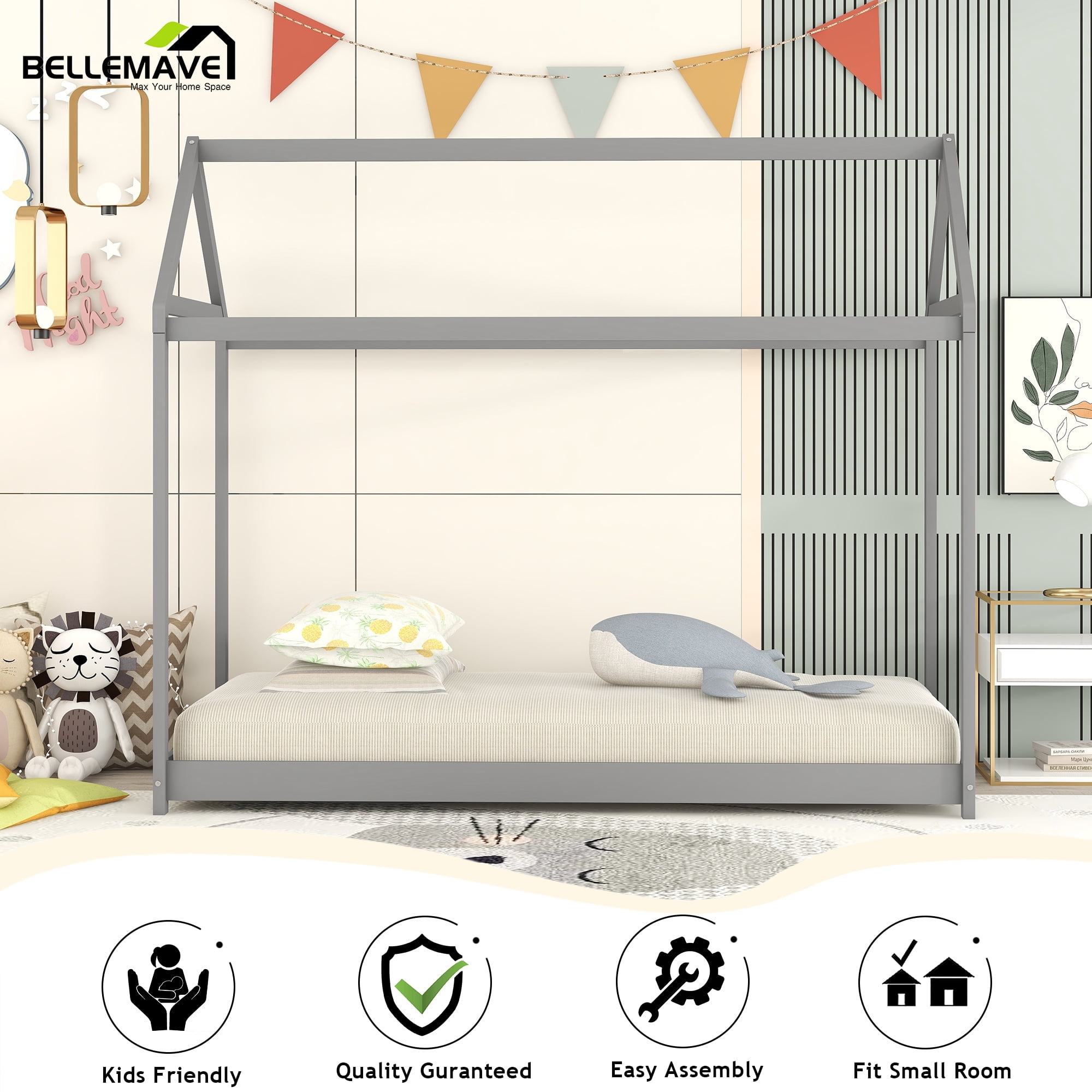 Bellemave Wood Twin Size House Bed Frame, Montessori Floor Bed, No Box Spring Needed (Gray)