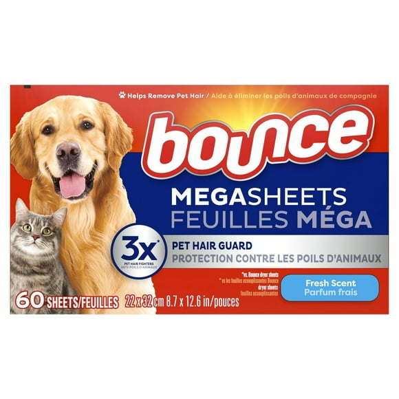 Bounce Pet Hair and Lint Guard Mega Dryer Sheets with 3X Pet Hair Fighters, Fresh Scent, 60CT
