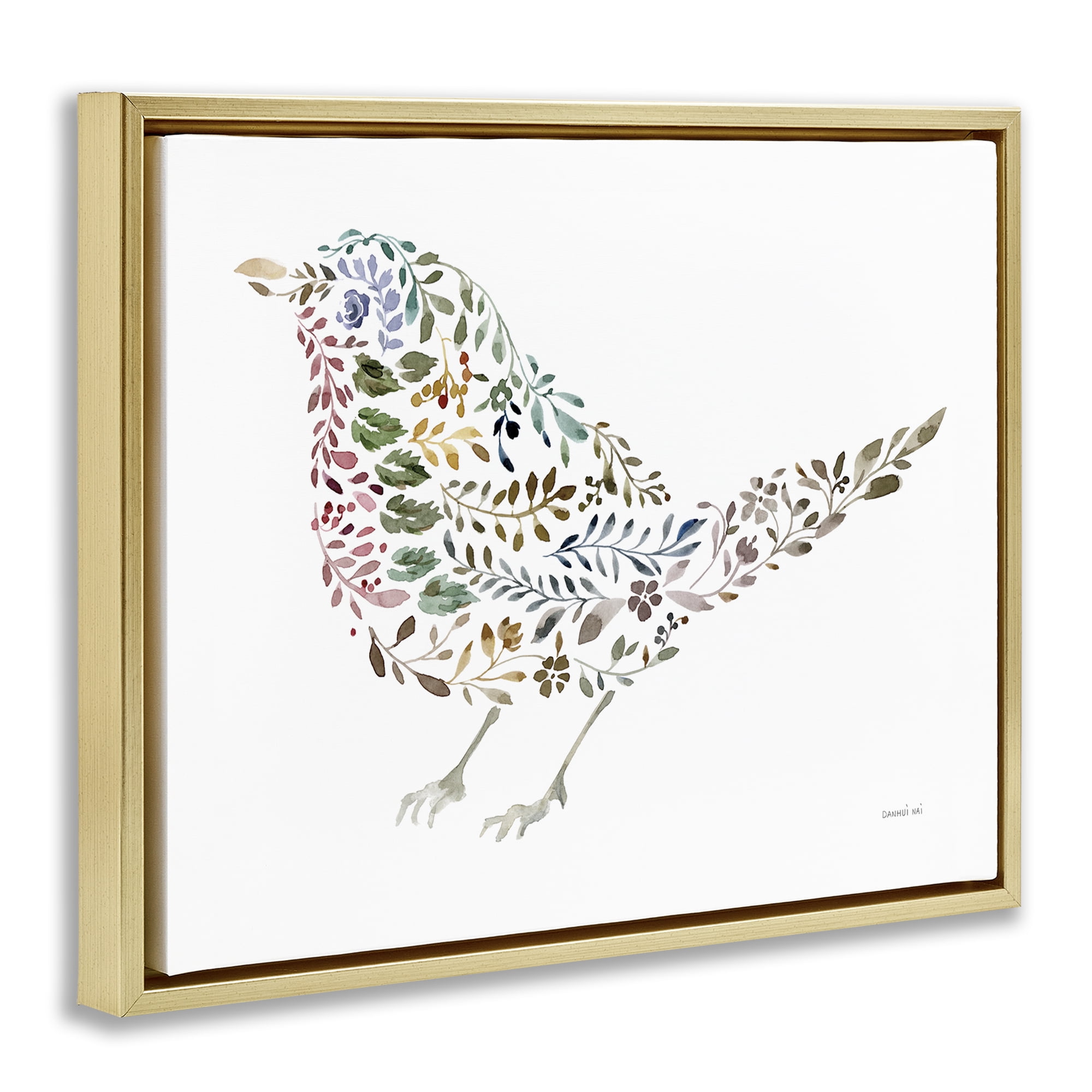 Stupell Industries Floral Nature Bird Animals Painting Gold Floater Framed Canvas Art Print Wall Art, 21 x 17