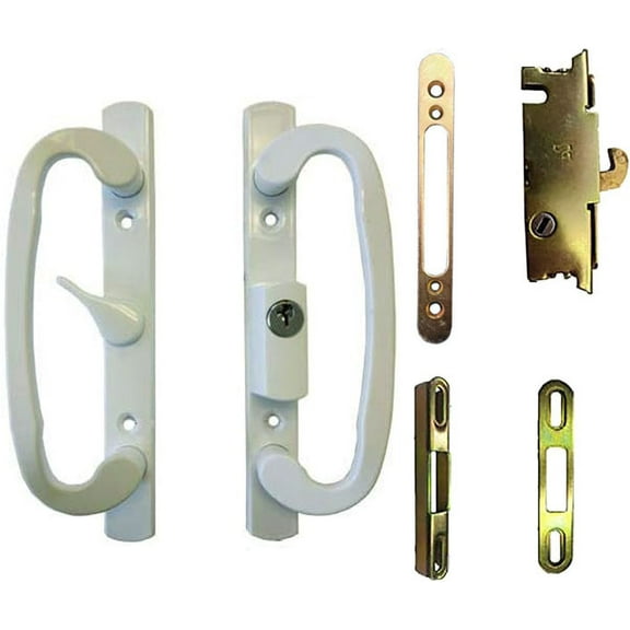 Sliding Glass Patio Door Handle Kit with Mortise Lock, Face Plate and Keepers, A-Position, White, Keyed