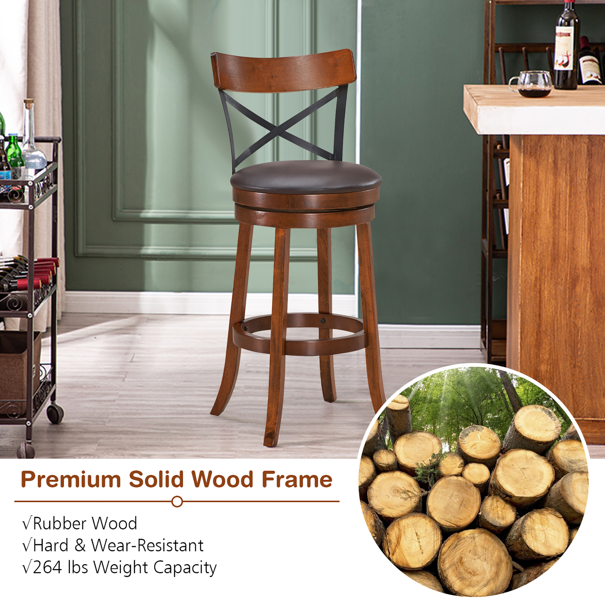 Costway Set of 4 Bar Stools Swivel 29.5'' Dining Bar Chairs with Rubber Wood Legs