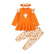 Yinyinxull Halloween Toddler Baby Girl Ghost Print Ruffle T-Shirt Tops+Pumpkin Pants+Headband Outfits Set 6-9 Months