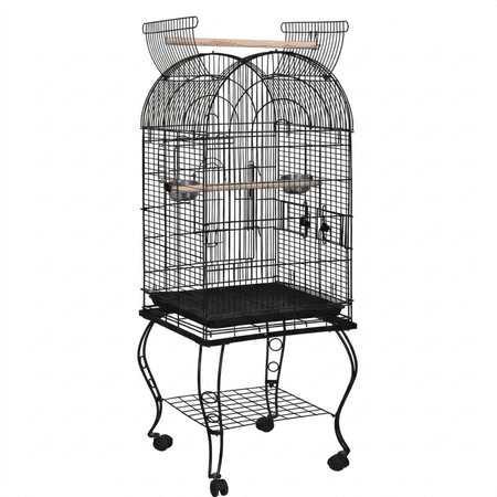 64 Inch Large Wrought Iron Bird Cage for Cockatiels Sun Conures Parakeets Finches Budgies Lovebirds Canaries, Rolling Stand with Storage Shelf, Black