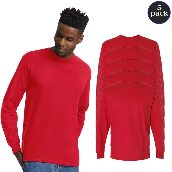 Gildan Men’s Ultra Cotton Long Sleeve T-Shirt, Everyday Wear Comfortable Blank Tee, Red, 5 Pack, S