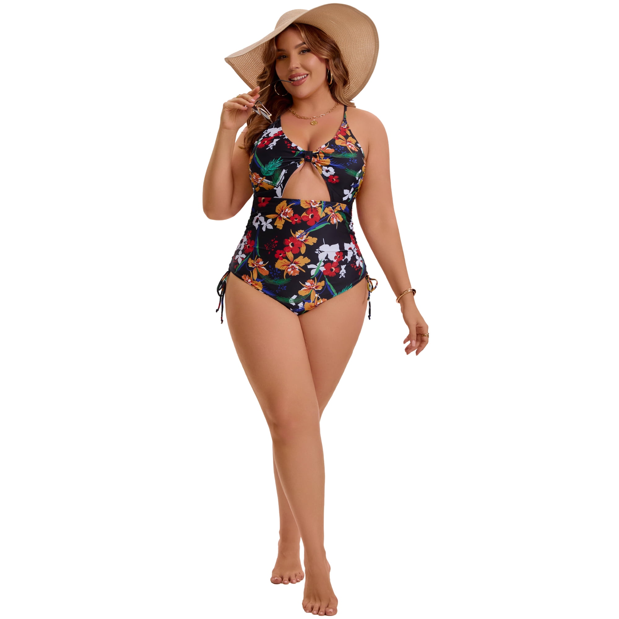 DARING DIVA Women's Plus Swimsuit Tummy Control Cutout Monokini 1X Yellow Red Floral