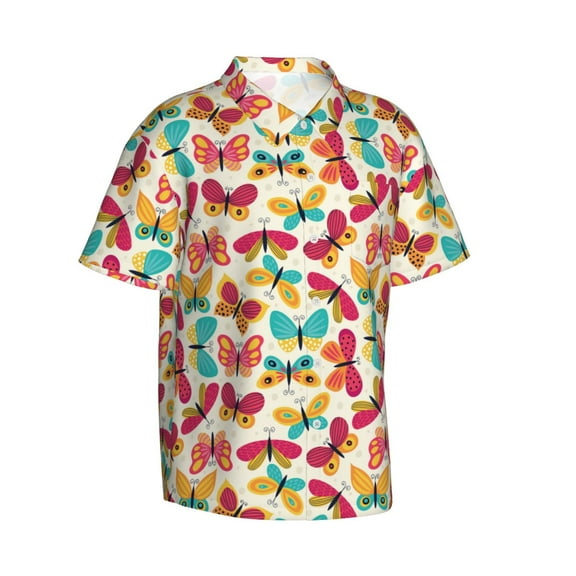 Picia Colorful Butterflies Gentle Cotton Regular Fit Short Sleeve Casual Hawaiian Shirt for Men-Small