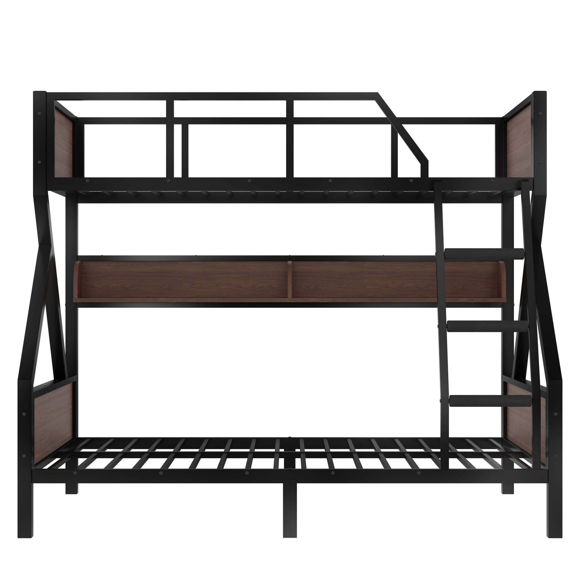 Aukfa Heavy-Duty Twin Over Full Bunk Bed with LED Lights & Storage Shelves, Metal Frame with Guardrails for Kids Teens Adults, Black