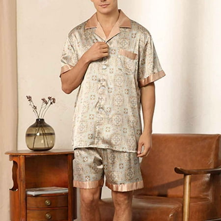 

Njoeus Men Solid Casual Button Closure Print Short-sleeve Pajama Shorts Set With Pockets