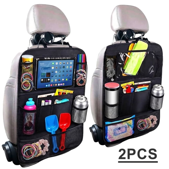 NATPLUS Car Backseat Organizer With Tablet Holder, Waterproof, Multiple Pockets, Cup Holder, Kick Mat Protector, Universal Fit, 2-Pack