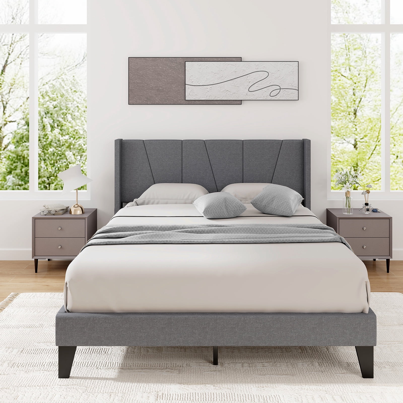 Infans Queen Size Upholstered Bed Frame with Elastic Pockets Mattress Foundation Gray