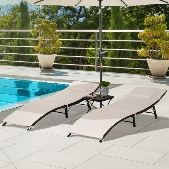 Outsunny Patio Chaise Set, Set Of 2 Folding Pool Lounge Chairs with Side Table, Outdoor PE Rattan Wicker, Cushion, Pillow for Beach, Beige