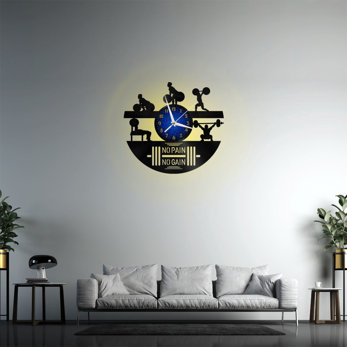 Muscle Building GYM 12 Inch Vinyl Record Wall Clock - Silent, Creative, and Unique Clock for Living Room, Entryway, or Bedroom Decor - Perfect Gift Idea(12 inchs B with LED)