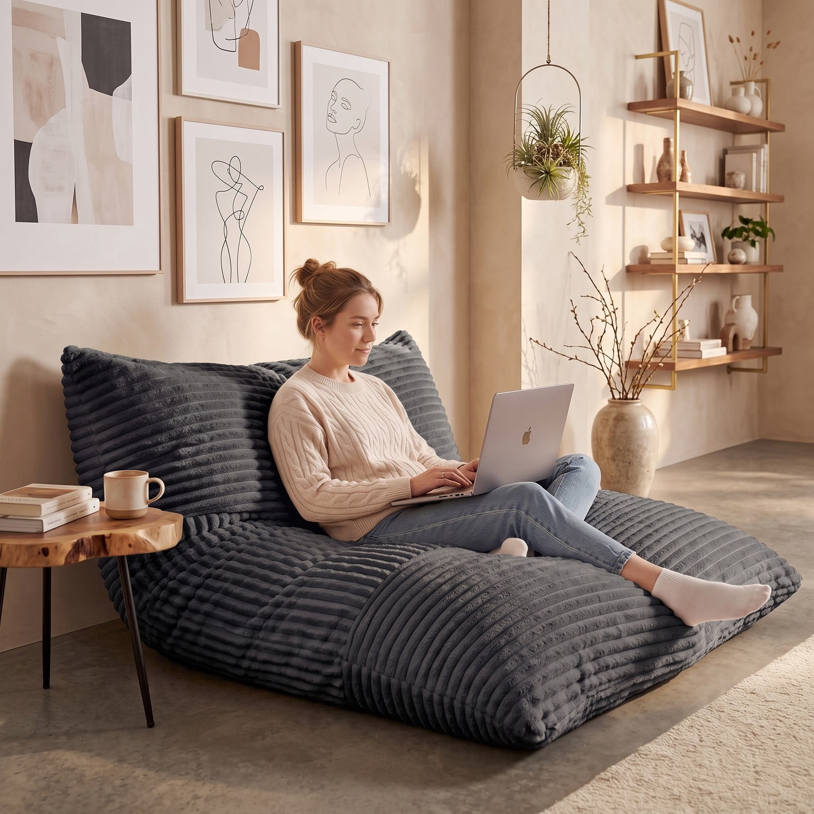 Furnibear Convertible Bean Bag Floor Sofa, Machine-Washable Corduroy Cover Shredded Foam Lounger Bean Bag Bed for Living Room Dorm Gaming Reading, Dark Gray