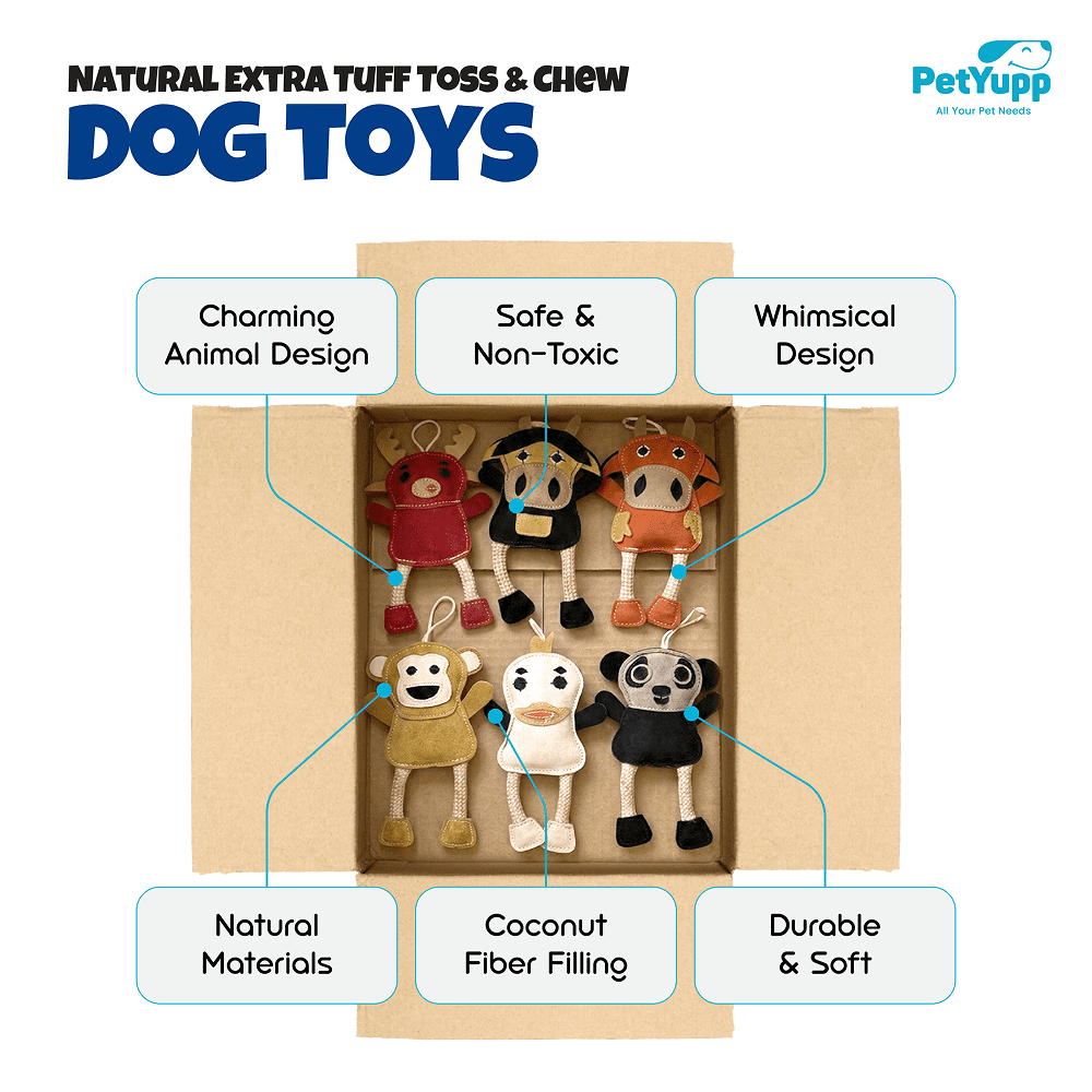 PetYupp 6 Assorted Leather Dog Toys for Small Dogs & Puppies – Natural Leather Chew Toys w/Coconut Fiber Filling & Jute Rope – Eco-Friendly, Non-Toxic, Durable Play Set for Teething & Light Chewers