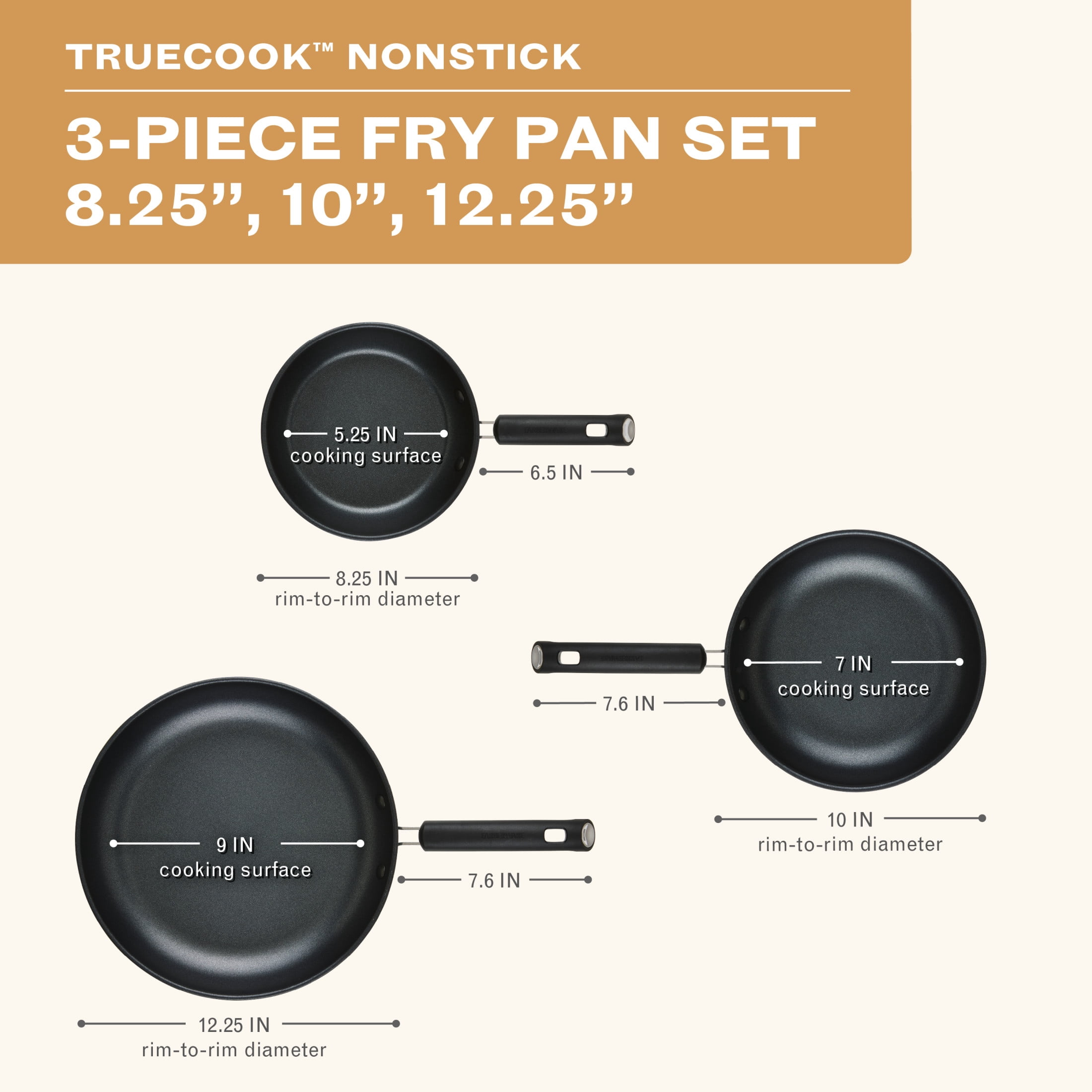 Farberware TrueCook Nonstick Frying Pan Set, 3-Piece, 8.25 in, 10 in, and 12.25 in, Dishwasher Safe, Oven Safe to 350 F, Black