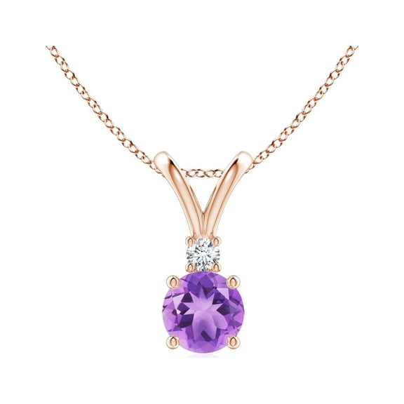 ANGARA Natural Round Amethyst Solitaire V-Bale Pendant with Diamond in 14K Rose Gold for Women (Size-5mm) | February Birthstone, Anniversary, Jewelry Gift for Women | Natural Amethyst Necklace