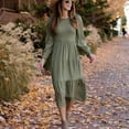 thumbnail image 3 of Vestido Liso Cuello Redondo Manga Larga Pecho Fruncido Retro Suelto Cómodo Vestido Largo Verde XL, 3 of 8