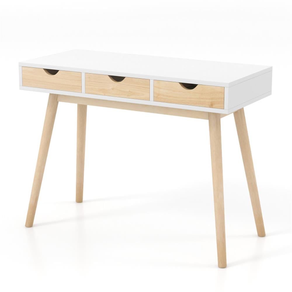 Demi Bonn Computer Desk with 3 Drawers and Solid Rubber Wood Legs for Home Office Desk Study Writing Table, White