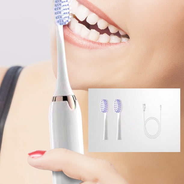 Cepillo de dientes eléctrico con 5 modos y temporizador - 3 cabezas de recambio para cepillos, impermeable IPX7, recargable USB, blanco/azul/rosa