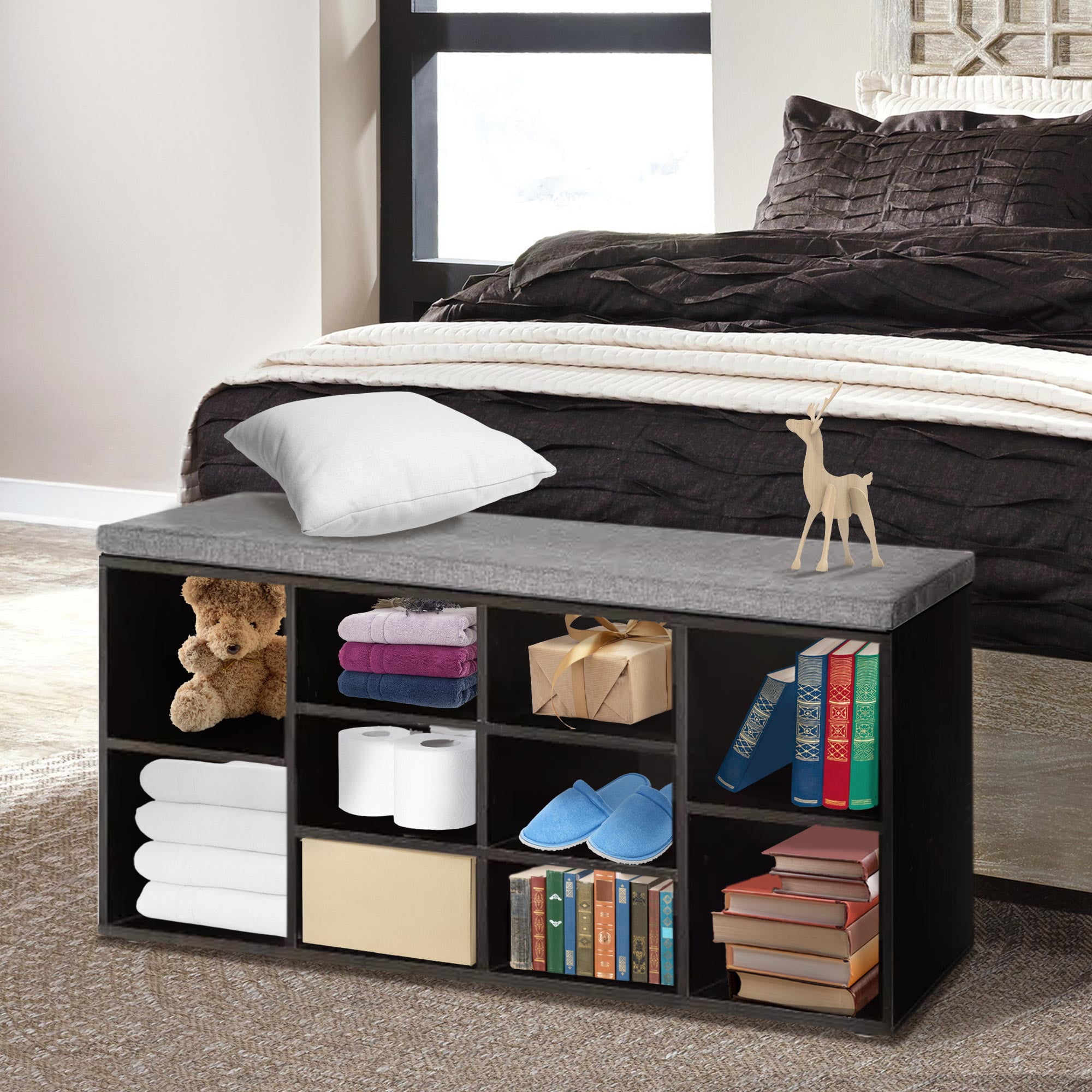 Shoe Bench Storage Bench with cushion, Entryway Bench with Storage, 10 Compartments Shoe Organizer with 3-Tier Shoe Rack, Adjustable Shelves Shoe Storage for Entryway Hallway Bedroom, Black