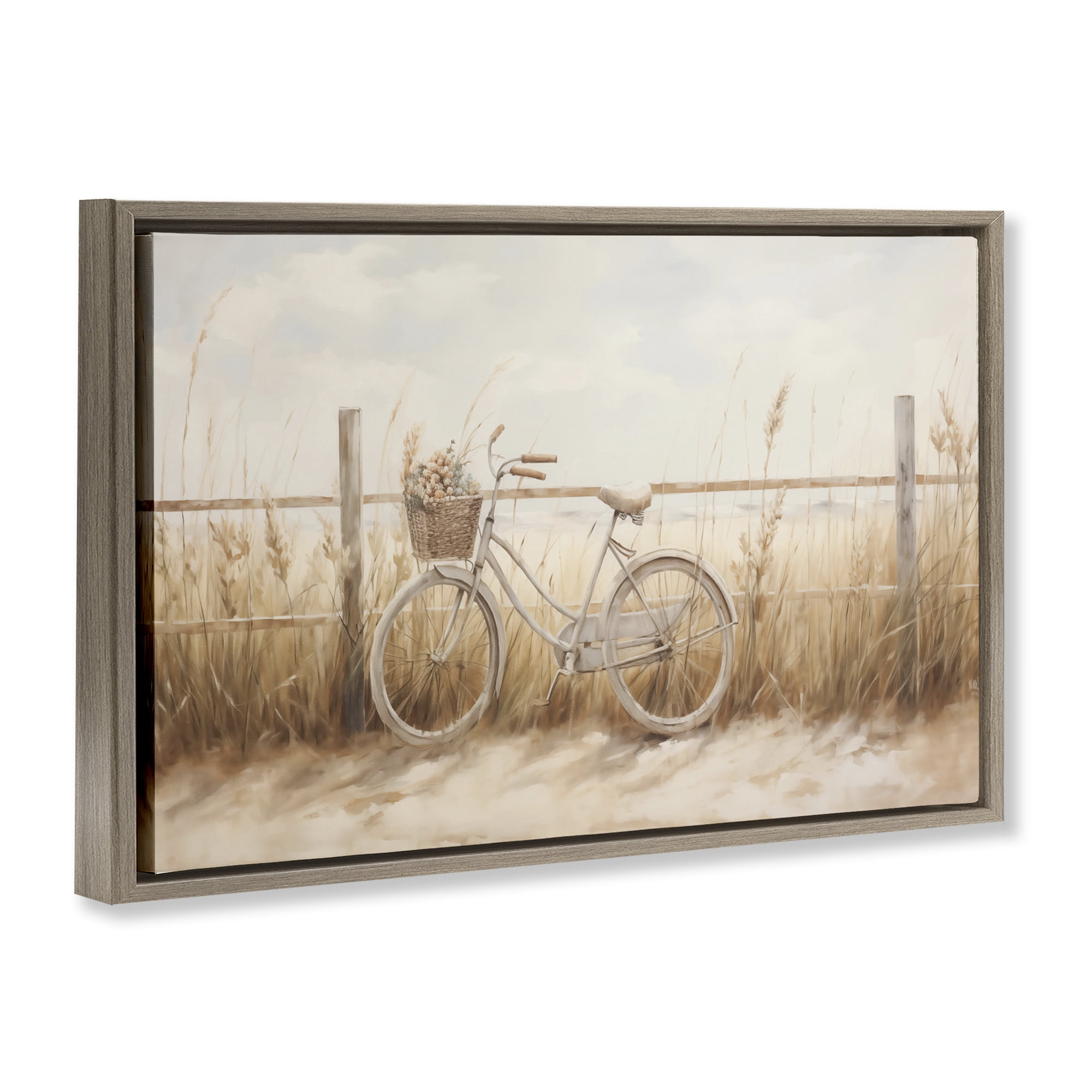 Stupell Industries Bicycle Basket with Herbs Landscape & Nature Painting Brown Floater Framed Canvas Art Print Wall Art, 25 x 17