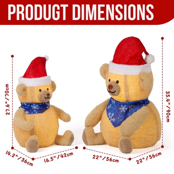 2-Pack Lighted Plush Bear Christmas Decorations, 60 Warm White LEDs, Pull-Up Design for Indoor, Outdoor, Home, Yard Use