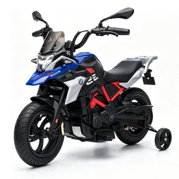 Licensed BMW G310 24V Electric Ride-On Motorcycle, 12.5 mph, Blue, Inflatable Rubber Tires, Training Wheels