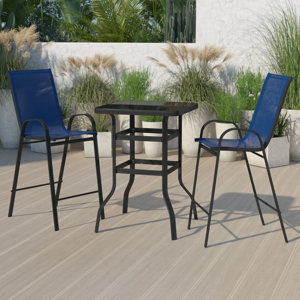 Flash Furniture Outdoor Dining Set 2 Person Bistro Glass Bar Table With Navy All Weather Patio Stools Com Flash Furniture Outdoor Dining Set 2, 2 Seat High Top Table Outdoor